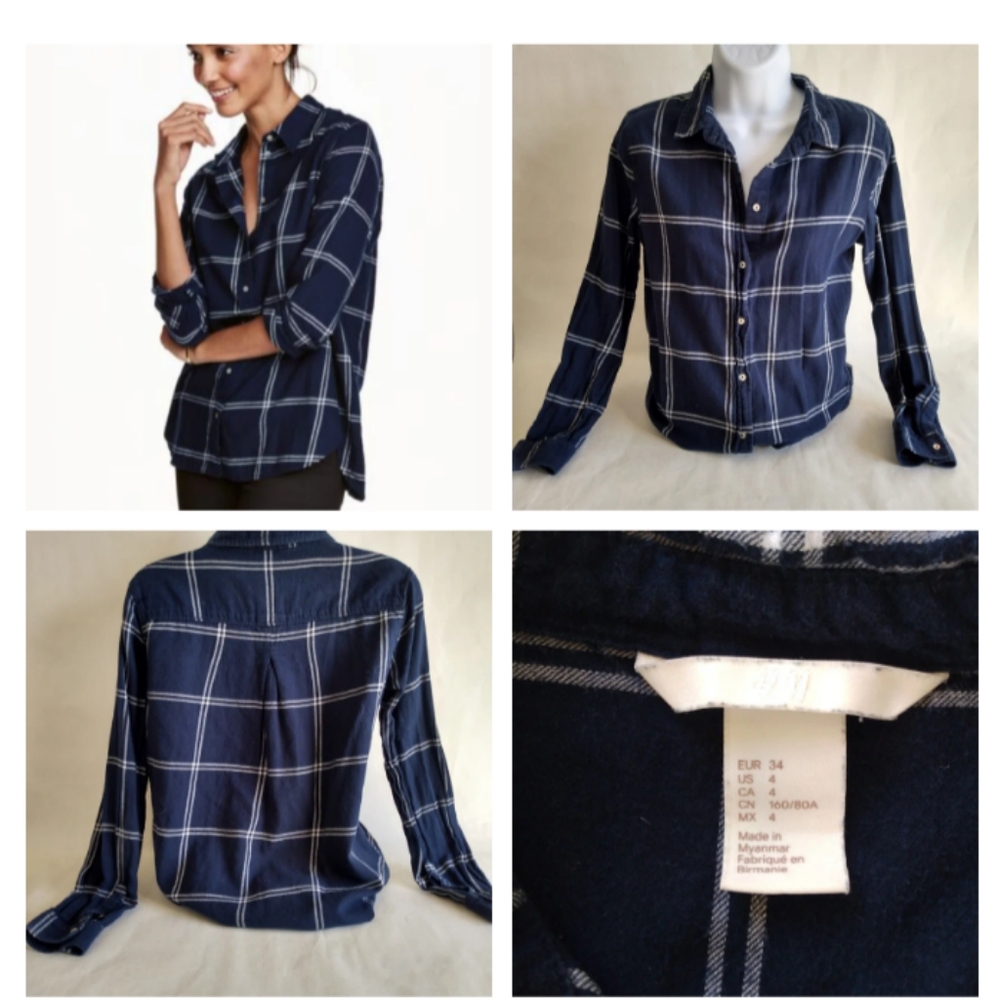 Women's H&M Women’s Navy Checked Shirt Long Sleeve Button Up,  100% Cotton,  Siz